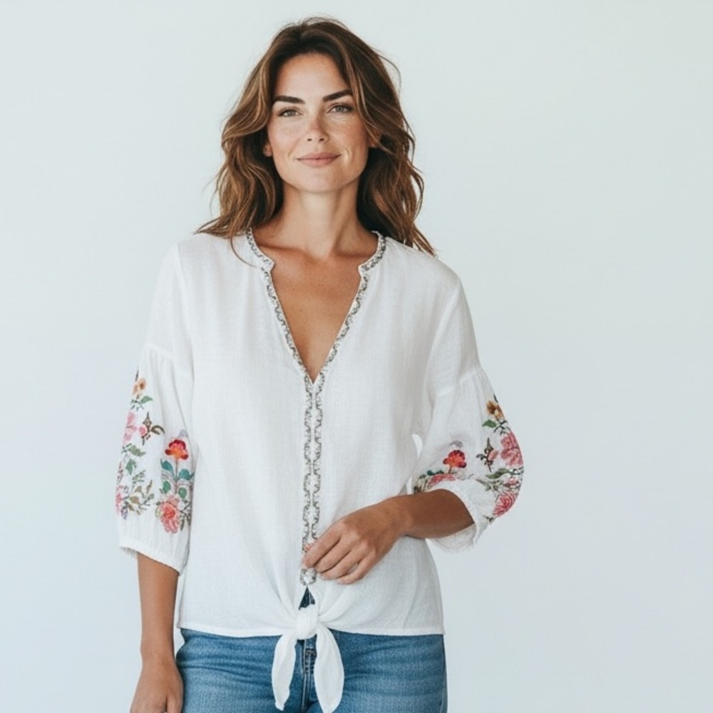 Max Studio blouse size Large. V neck white embroidered sleeves and neckline
